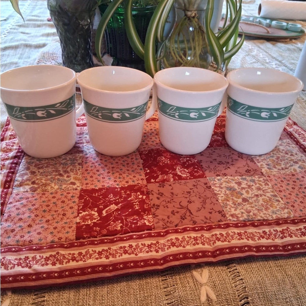 Corning Green and White Ceramic Mugs Set